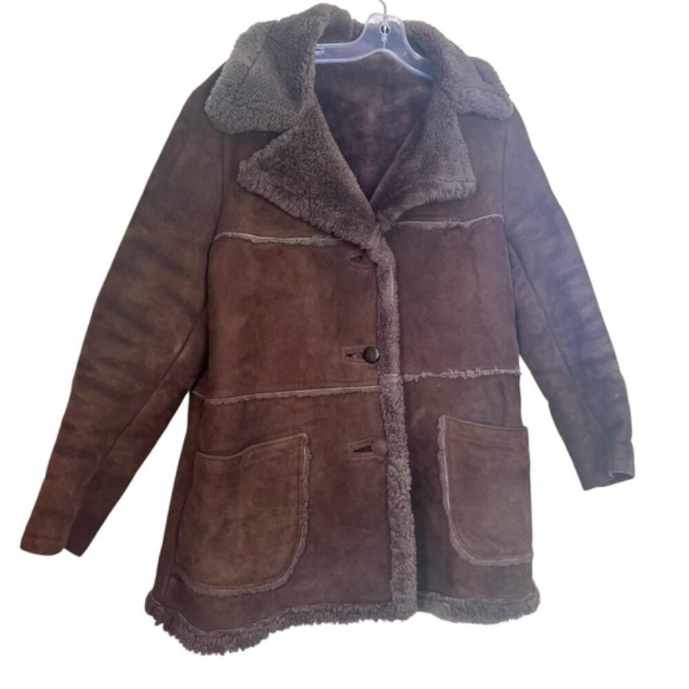 Peter Pan Canada Vintage 90s Shearling Leather Fur Short Coat Jacket Brown Warm